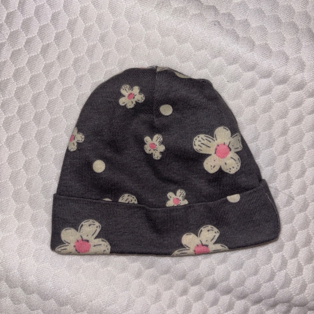 Gerber Dark Gray Floral Baby Beanie with Pink Accents